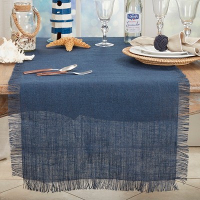 Navy Blue Fringed Jute Table Runner, 20" x 70"