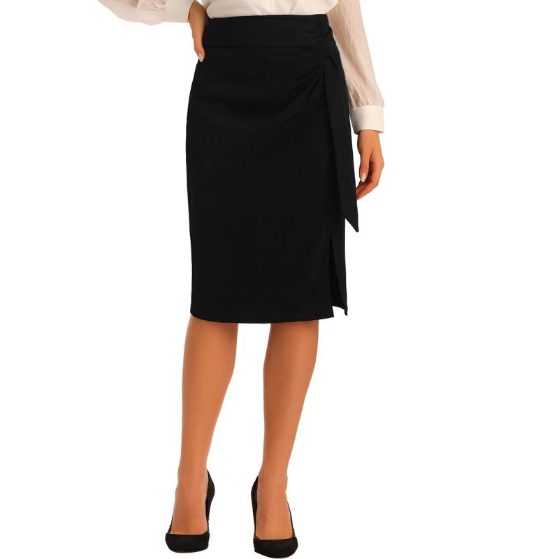 Allegra K Women's High Waist Bow Tie Waist Split Knee Length Bodycon Pencil Skirts, 1 of 6