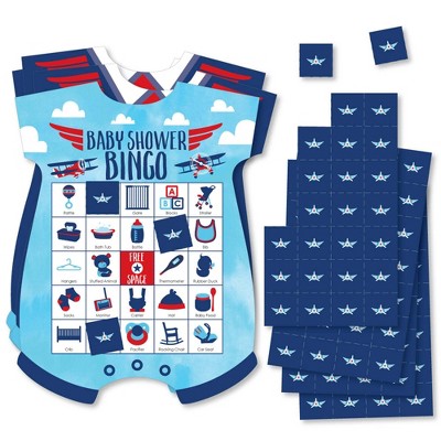 Big Dot of Happiness Taking Flight - Airplane - Picture Bingo Cards and Markers - Vintage Plane Baby Shower Shaped Bingo Game - Set of 18