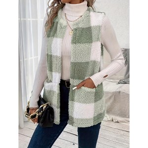 Women Vest Jackets Double Faced Plaid Fleece Pocket Vest Sleeveless Open Front Cardigan Light Green S - 1 of 3