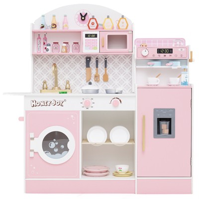 Infans Kids Kitchen Set Wooden Kitchen Playset with Clock, Microwave, Sink, Dish Rack