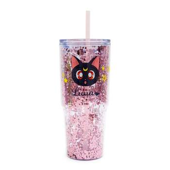 Just Funky Sailor Moon Luna and Artemis Glitter Tumbler With Lid and Straw | Hold 31 Ounces