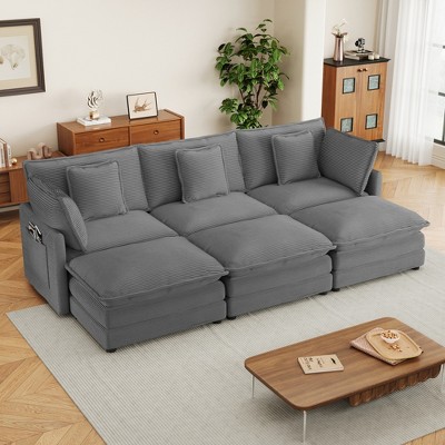 112.6" Modern Corduroy Sectional Sofa with 3 Ottomans & Storage Pockets - Modular U-Shaped Couch for Living Room
