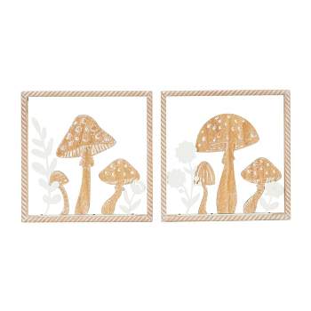 Set of 2 Wooden Mushroom Cutout Wall Decors with Carved Twisted Frame and White Floral Accents Brown - Olivia & May