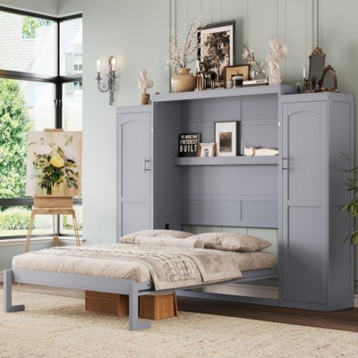 Full Size Murphy Wall Bed with Built-In Wardrobes, Space-Saving Foldable Wooden Platform Bedframe for Guest Room or Bedroom-The Pop Home
