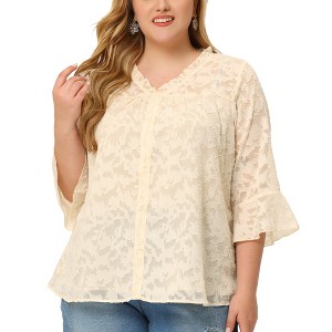 Agnes Orinda Women's Plus Size 3/4 Flare Sleeve V Neck Ruffle Lace Semi Sheer Button Down Shirts - 1 of 4