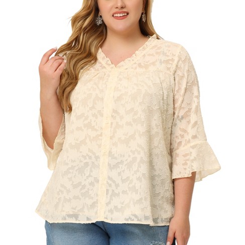 Agnes Orinda Women's Plus Size 3/4 Flare Sleeve V Neck Ruffle Lace Semi  Sheer Blouses Apricot 4x : Target