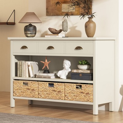 Retro Console Table with 3 Storage Drawers Entryway Table with 3 Water Hyacinth Woven Baskets Wooden Accent Sofa Table Buffet Cabinet