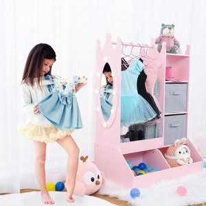 Kids Dress Up Storage with Mirror, Single Rod Kids Wardrobe Closet with 3 Hooks, Open Hanging Toddler Dress Up Rack, Armoire Costume Organizer - 1 of 4