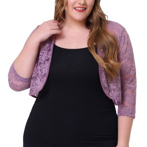 Agnes Orinda Women's Plus Size Sheer Cardigan 3/4 Sleeves Floral Lace Crop Shrug - 1 of 4