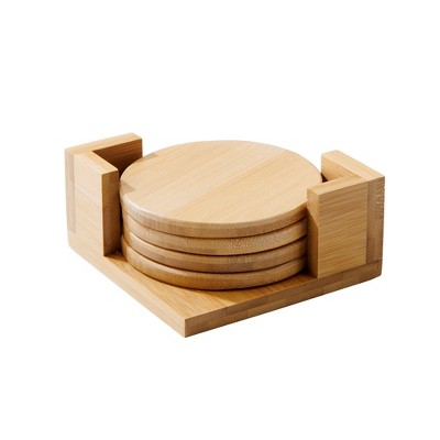 Slickblue Bamboo Wood Coasters Set of 4, 4" Round with Smooth Edges & Square Holder
