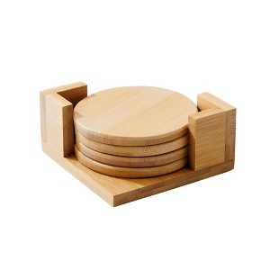 Slickblue Bamboo Wood Coasters Set of 4, 4" Round with Smooth Edges & Square Holder - 1 of 3