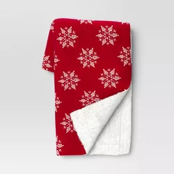 Snowflake Printed Plush Christmas Throw Blanket with Faux Shearling Reverse Red - Threshold™