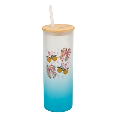 Elanze Designs 25 Ounce Frosted Glass Gradient Travel Tumbler With Straw and Wooden Lid, Citrus Sky Blue