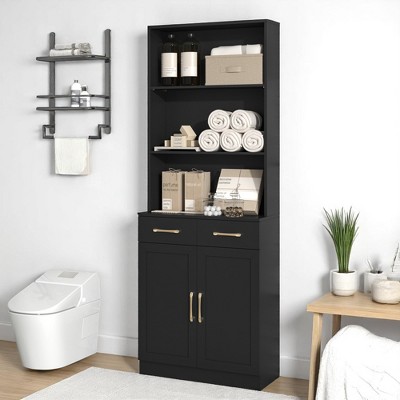 Tall Bathroom Storage Cabinet with 2 Doors, 2 Drawers, and 3 Open Shelves, Freestanding Organizer with Adjustable Shelf