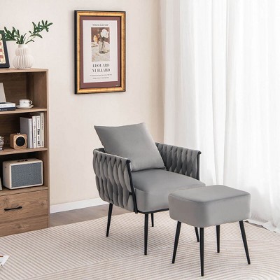 Gray Velvet Barrel Accent Chair with Metal Legs and Ottoman