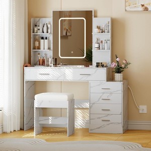 Acekool Vanity Desk Set with LED Mirror, Charging Ports, 6 Drawers, Shelves, Hairdryer Holder & Stool, Adjustable Lighting, White - 1 of 4