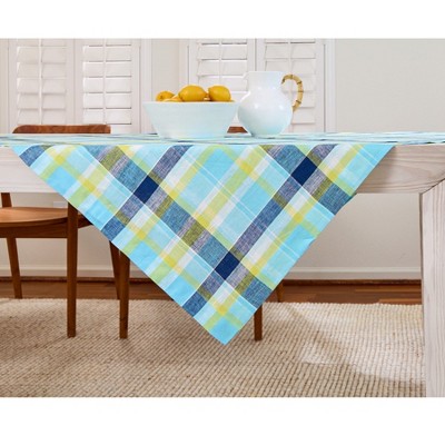 Solino Home Linen Blue Plaid Table Throw 52 x 52 Inches | Summer Madras Plaid