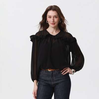 Women's Chiffon Ruffle Long Sleeve Blouse - A New Day™ Black M