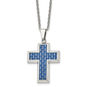 Black Bow Jewelry Men's Stainless Steel & Blue Carbon Fiber Inlay Cross Necklace, 22 In - 1 of 4