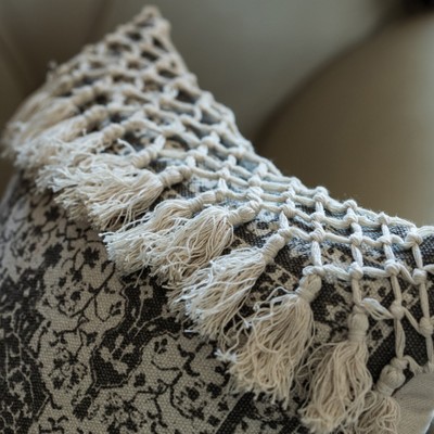 Beige Handwoven Cotton Throw Pillow with Tasseled Top