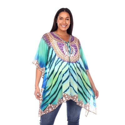 Plus Size Short Caftan with Tie-up Neckline - One Size Fits Most Plus - White Mark