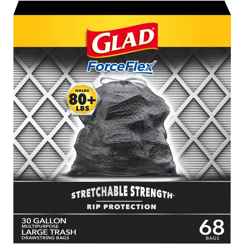 Glad ForceFlex + Large Drawstring Black Trash Bags - 30 Gallon - 68ct, 1 of 10