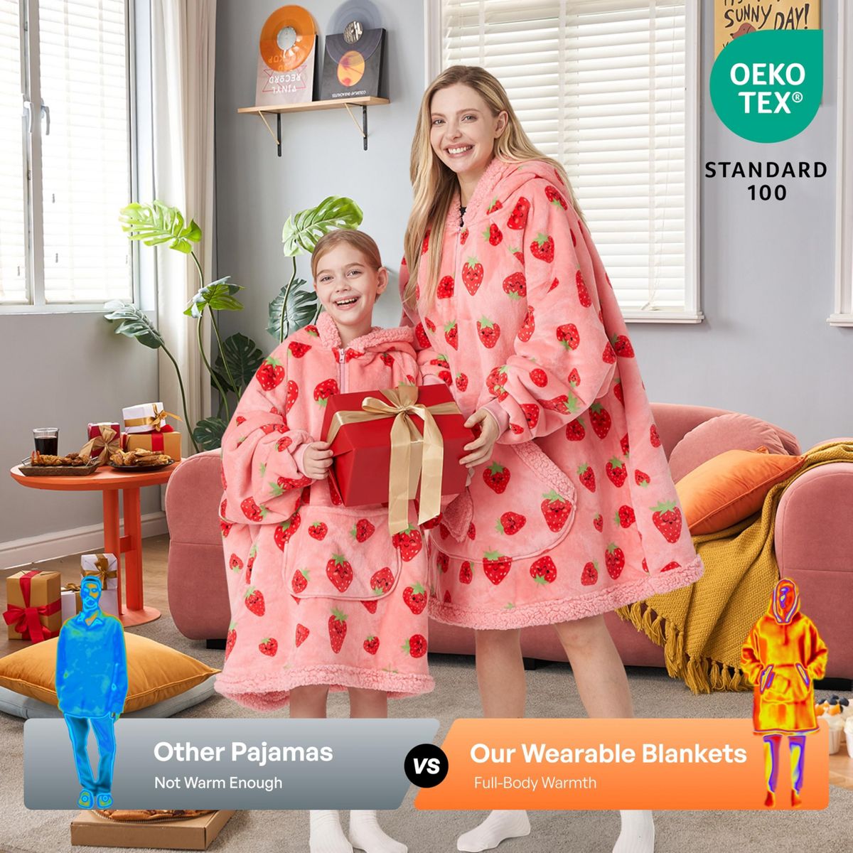 Joyfy Strawberry Cow Wearable Blanket Hoodie, Oversized Soft Fleece Hooded Blanket, Cozy Sweatshirt Gifts with Giant Pocket and Sleeves for Kids Girls - thumbnail 7