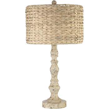 John Timberland Jackson Country Cottage Table Lamp 27 1/2" Tall Distressed Antique White Candlestick Rattan Drum Shade for Bedroom Living Room Bedside