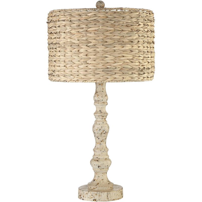 John Timberland Jackson Country Cottage Table Lamp 27 1/2" Tall Distressed Antique White Candlestick Rattan Drum Shade for Bedroom Living Room Bedside, 1 of 9