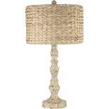 John Timberland Country Cottage Table Lamp 27.5" Tall Distressed Antique White Candlestick Rattan Drum Shade for Living Room Bedroom Bedside