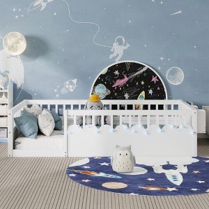 VASIP Twin Montessori Floor Bed with High Safety Rails for Kids, Wood Kids Bed Frame with Storage Shelf,Natural - 1 of 4