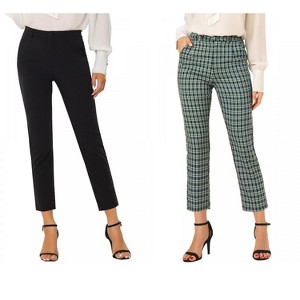 Allegra K Women's Plaid High Waist Elastic Back Office Work Ankle Pants 2 Packs - 1 of 4