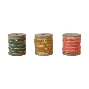 Storied Home Velvet Ribbon with Metallic Edges on Wood Spool, Multicolor, Set of 3 - 1 of 2