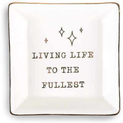 Okuna Outpost Ceramic Jewelry Dish for Home Decoration, Living Life to The Fullest (4 x 4 x 1 in)