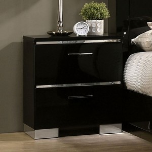 Gulches Contemporary Black Nightstand with USB Charger High Gloss Lacquer, Chrome Accents, Felt Lined Drawers - 1 of 4