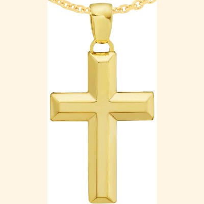 Floreo 14k Yellow Gold 1.1" Beveled Cross Charm Pendant with optional Adjustable Chain Necklace