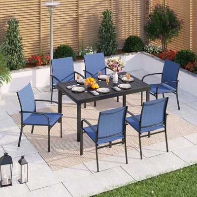 Captiva Designs 7pc Patio Dining Set with Slat-top Adjustable Steel Rectangle Table & Sling Fixed Dining Chairs