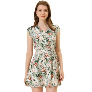 Allegra K Women's Boho Crossover V Neck Petal Sleeves Belted Floral Flowy Dress - 1 of 4