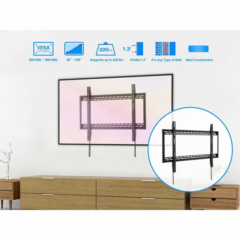 Monoprice Premium Fixed TV Wall Mount Bracket Low Profile For 60" To 100" TVs up to 220lbs, Max VESA 900x600, UL, 5 of 7