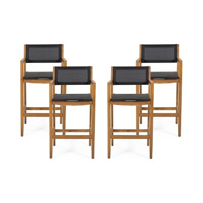 GDFStudio Daiquan Outdoor Mesh and Acacia Wood 30 Inch Barstools (Set of 4), Teak/Black