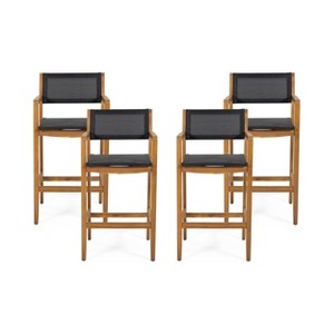 GDFStudio Daiquan Outdoor Mesh and Acacia Wood 30 Inch Barstools (Set of 4), Teak/Black - 1 of 4