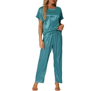 cheibear Women's Satin Summer Short Sleeves Sleepshirt with Pants Lounge Pajamas Sets - 1 of 4
