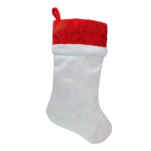 Northlight 22.25" LED Lighted White Iridescent Glittered Christmas Stocking with Red Cuff - 1 of 3