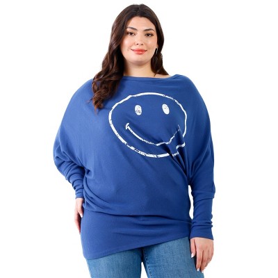 Slickblue Women's Plus Flannel Top with Smile Front Print - Dolman Sleeves & Asymmetric Hem, Black/Teal, 1XL/3XL