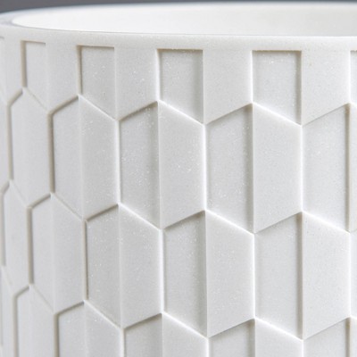 White Geometric Resin Wastebasket with Wood Base