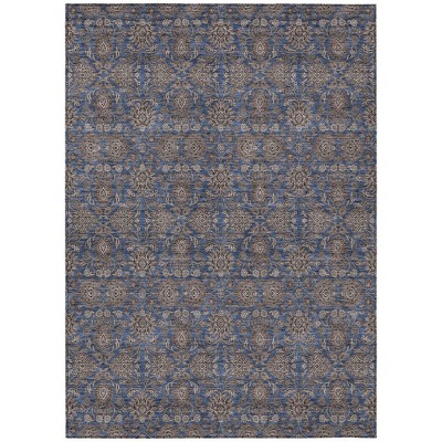 Navy Blue Beige And Taupe Floral Washable Indoor Outdoor Area Rug