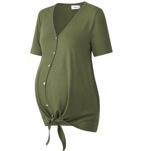 Coolmee Women Summer Maternity Loose Blouse Short Sleeve V Neck Button Down T Shirts Tie Front Knot Casual Tops - 1 of 4