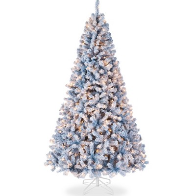 Best Choice Products Pre-Lit Ice Blue Christmas Pine Tree w/ Flocked Branches, Warm-White Lights