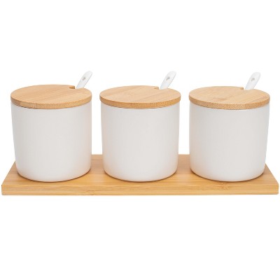Nat & Jules Cylindrical Cream 9 ounce Stoneware Spice Container and Tray Set